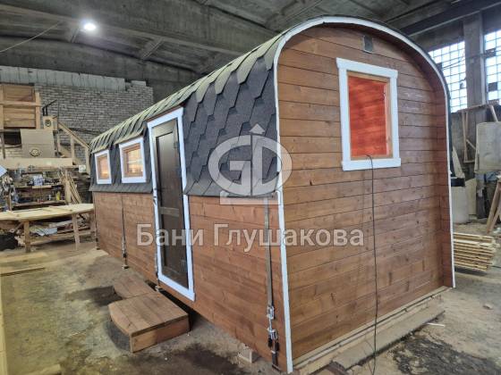 Баня «Буханочка» из бочковой термодоски 6х5,9 с предбанником